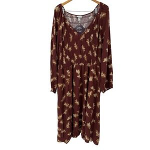 AVA VIV Womens Dress 4X Brown Floral Long‎ Sleeve Smocked Casual Peasant Country